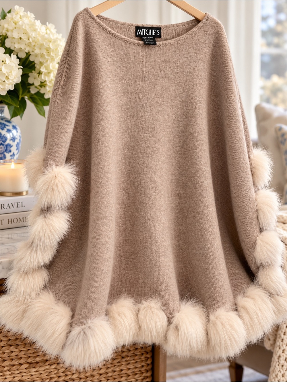 Mitchie’s Women's Taupe Poncho Sweater with Fur Trim